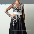 Lace Appliques Sashes Button Satin Tulle Long Sleeve Evening Dress